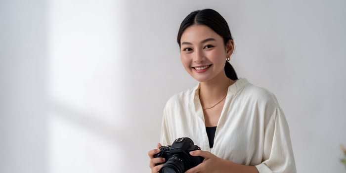 Woman holding a camera, smiling warmly photo