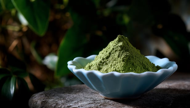 Green tea powder in a shallow, light-blue bowl photo