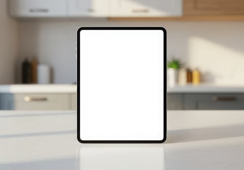 Tablet with blank screen on kitchen counter photo