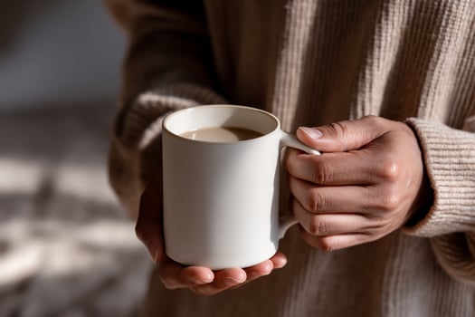 Hands holding a white mug of coffee, warm light photo
