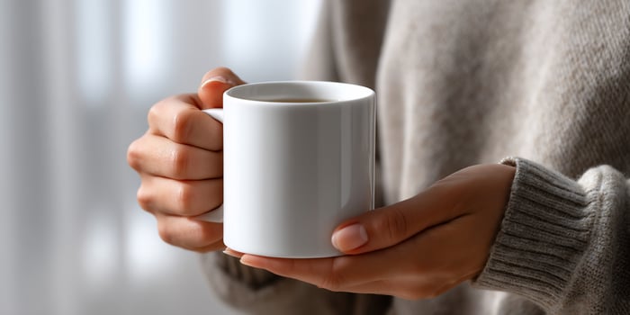 Woman holding a white mug of coffee or tea photo