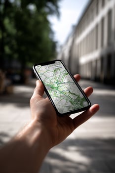 Close-up of hand holding a smartphone with map app photo