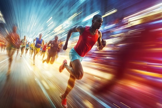 Energetic runners competing in a dynamic city race photo