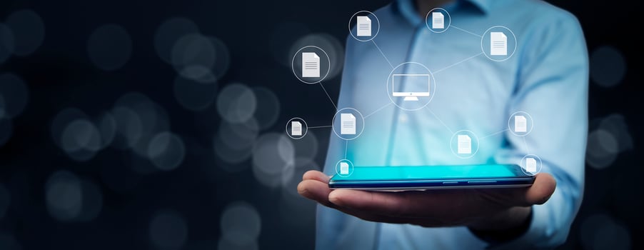 Man holding smartphone with connected devices concept photo