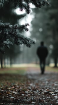 Man walking through a misty forest path surrounded by trees photo