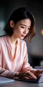 Focused young woman working on laptop in a modern workspace photo