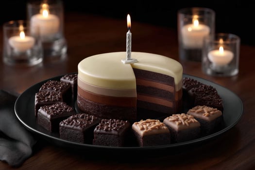A cake with a candle on top and a slice missing photo