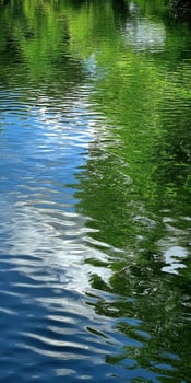 Water reflects green trees and blue sky in a natural setting photo