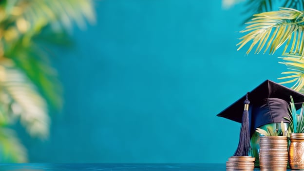 Graduation Cap Beside Stacks of Coins Symbolizing Financial Success in the Education Journey photo