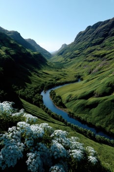 Lush green valley with a winding river under a clear blue sky photo