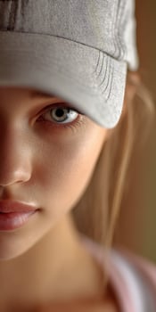 Young Woman with Gray Eyes Looking Forward Wearing Cap photo