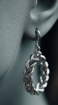 Stylish silver hoop earring showcasing intricate braided design on a neutral background for fashion enthusiasts photo