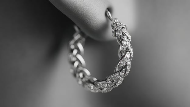Elegant silver hoop earring adorned with sparkling gemstones showcased in detailed close-up photo
