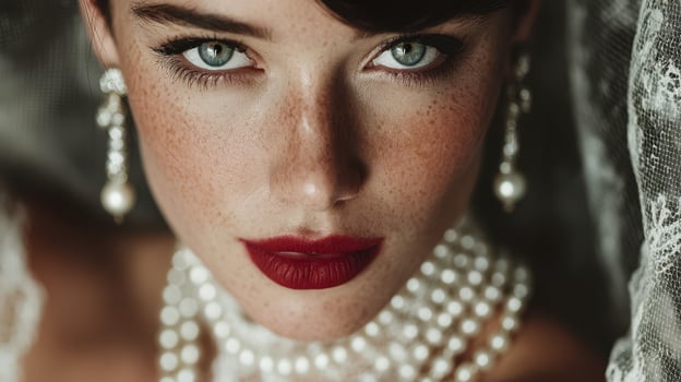 Elegant portrait of a woman adorned with pearls and dramatic makeup in soft lighting photo