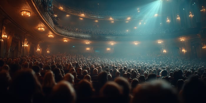 Crowd eagerly anticipates performance in historic theater during evening show photo