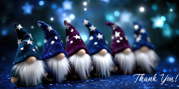 Colorful gnomes with starry hats celebrate gratitude during a festive gathering at night photo
