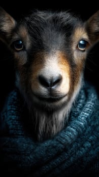Goat wearing a cozy sweater poses for a close-up portrait in a dark setting, showcasing its unique features and friendly expression photo
