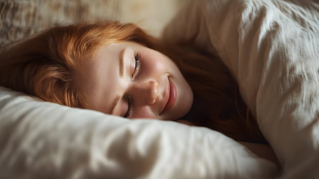Red-haired young woman asleep, eyes gently shut and smiling, wrapped in plush duvet on soft bed photo