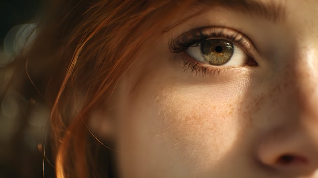 Artistic close-up of a young woman focusing on one emerald green eye photo