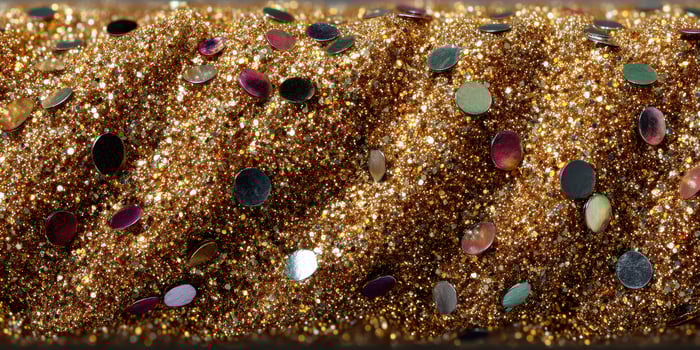 Shimmering gold and silver glitter on a textured surface captured in close-up during daylight photo