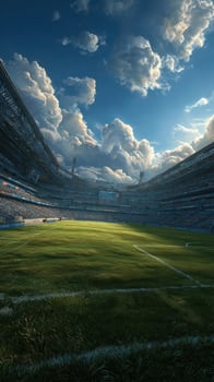Vibrant sports stadium under blue sky with dramatic clouds and lush green field before the match begins photo