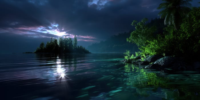 Starlight reflecting on a tranquil lake surrounded by lush vegetation under a dramatic night sky photo