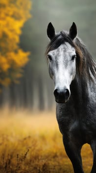 Majestic gray horse standing in an autumn forest with golden foliage during a misty afternoon photo