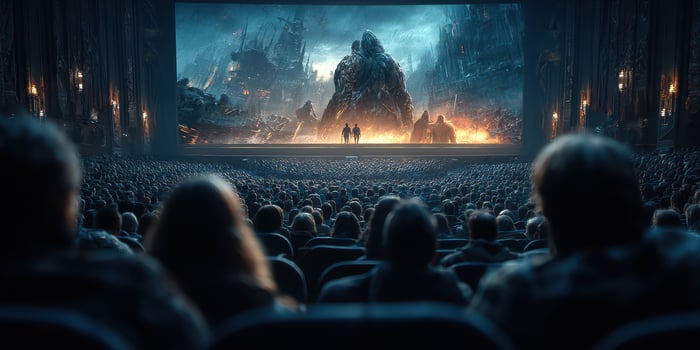 Crowd watches intense movie in an old theater setting featuring dramatic visuals and compelling storytelling photo