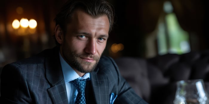 Man in formal attire sitting thoughtfully in an elegant lounge during evening hours photo