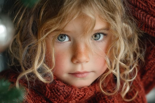 Young child with curly hair and expressive eyes in cozy knitwear posing warmly indoors during winter photo