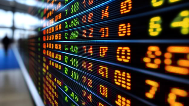 Stock market display board shows real-time trading data in a bustling financial district photo