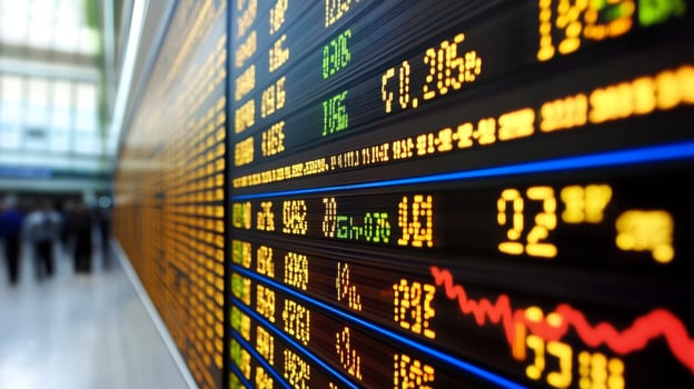 Digital stock market display showing fluctuating prices and market trends in a busy financial district photo