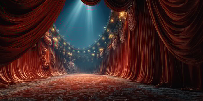 Grand theater stage with rich red curtains and dramatic lighting ready for a performance photo