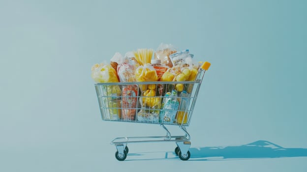 Grocery cart filled with fresh produce, packaged goods, and beverages against a light blue background photo