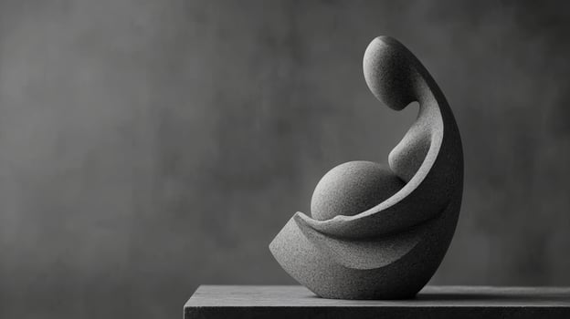 Abstract sculpture of a nurturing figure embracing a sphere on a textured surface in soft lighting photo