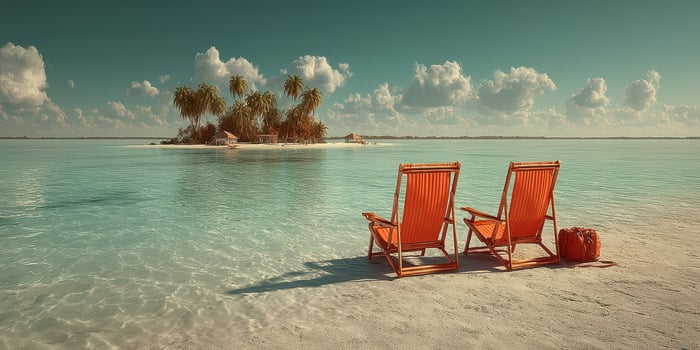 Relaxing beach chairs by the calm turquoise waters near a palm tree island during a sunny day photo