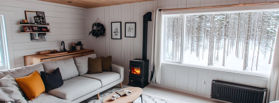 Cozy winter living room with wood stove and snowy view. photo