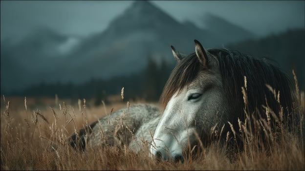 Beautiful gray horse resting in a serene meadow with mountains in the background during early morning light photo