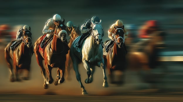 Fast horses race to the finish line at a lively equestrian event in the afternoon sun photo