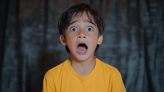 Child shows extreme surprise or fear in indoor setting with dark background while wearing a yellow shirt photo