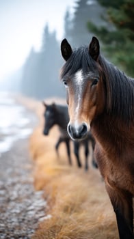Horses near a lakeshore during misty morning hours in a serene natural setting photo
