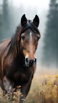 Majestic brown horse stands in a misty meadow surrounded by wildflowers at dawn photo