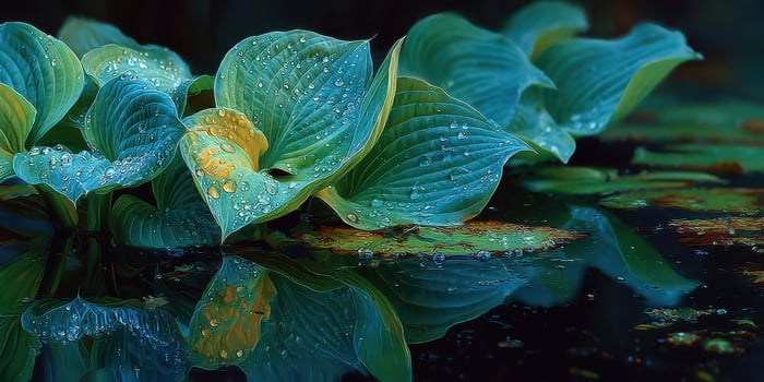 Water droplets glisten on green leaves reflecting in still water under soft morning light photo