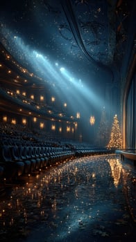 Majestic theater with ambient lighting and holiday decorations during winter season photo