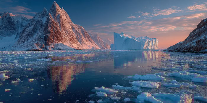 Majestic icebergs reflect in tranquil waters at sunset in a remote Arctic landscape photo