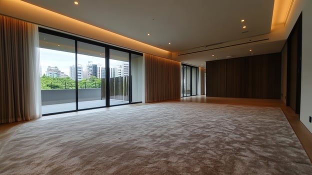 Spacious modern interior with large windows and warm lighting in a contemporary apartment photo