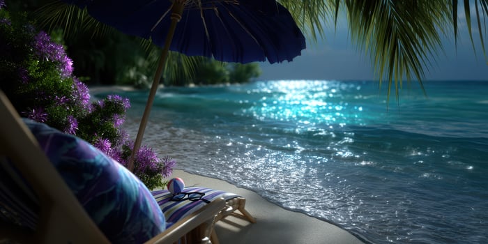 Relaxing beachside view at twilight with sparkling ocean waters and vibrant flora photo