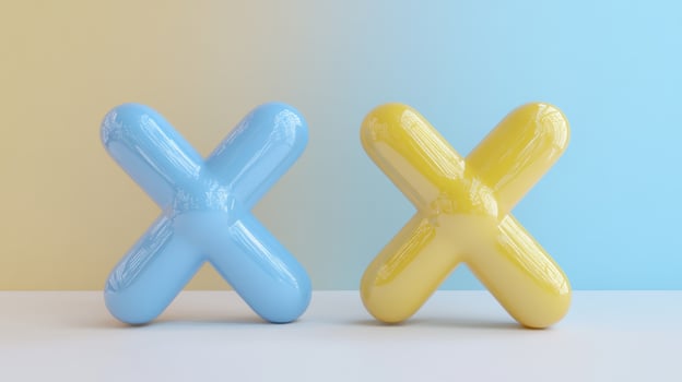 Colorful decorative crosses in blue and yellow against a pastel background create a playful atmosphere in a modern interior photo
