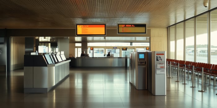 Calm airport terminal waiting area with check-in counters and electronic displays during the early morning hours photo