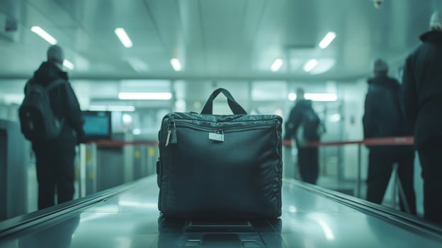 Black bag left on a moving walkway in a busy transit station filled with people in dark clothing photo